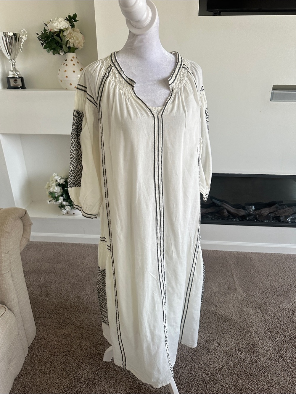 World Market Cream Midi Dress with Black Embroidered Trim size S M